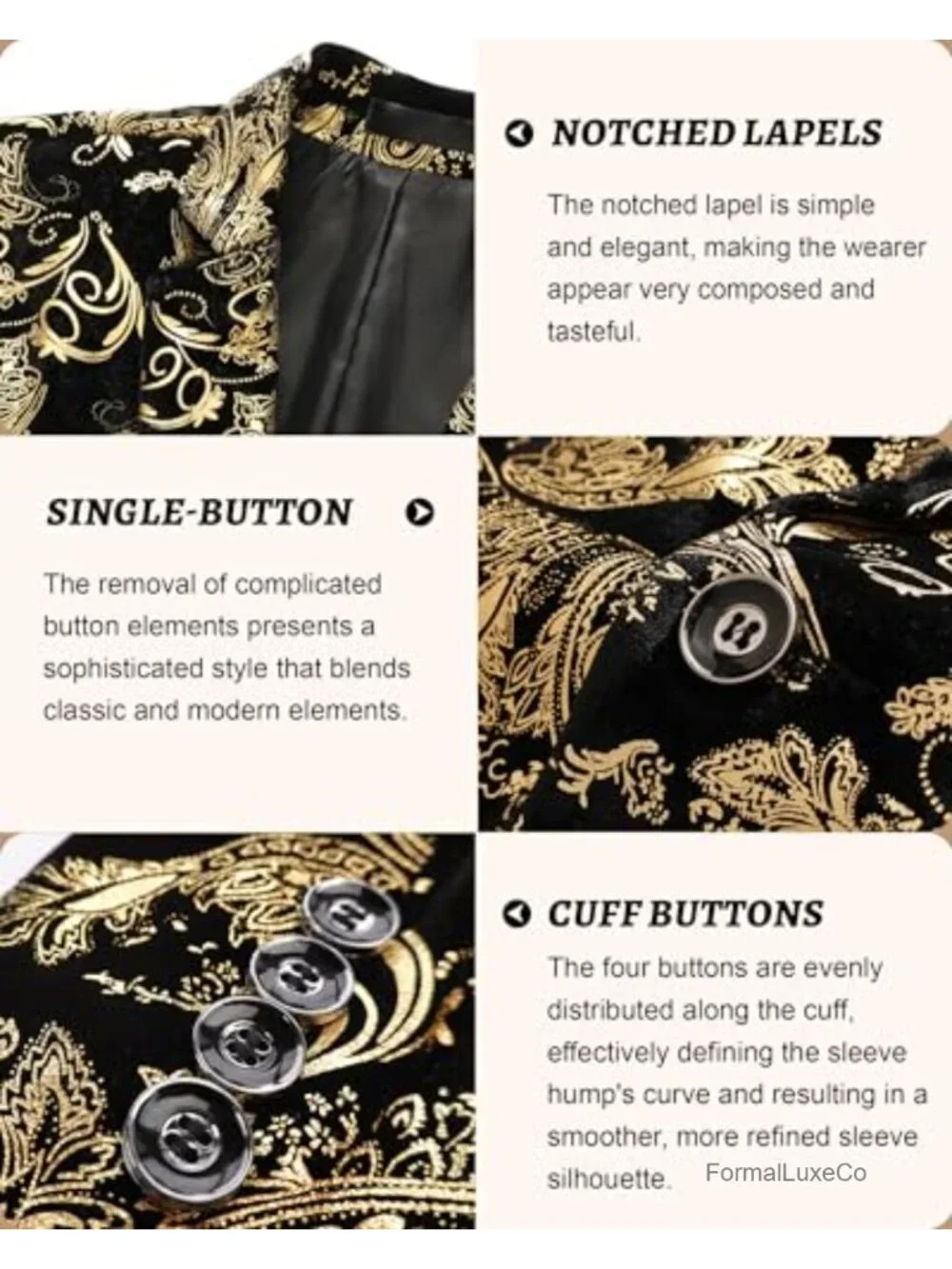 Men's Paisley Blazer Single Button Tuxedo Jacket Notch Lapel Gold Foil Print